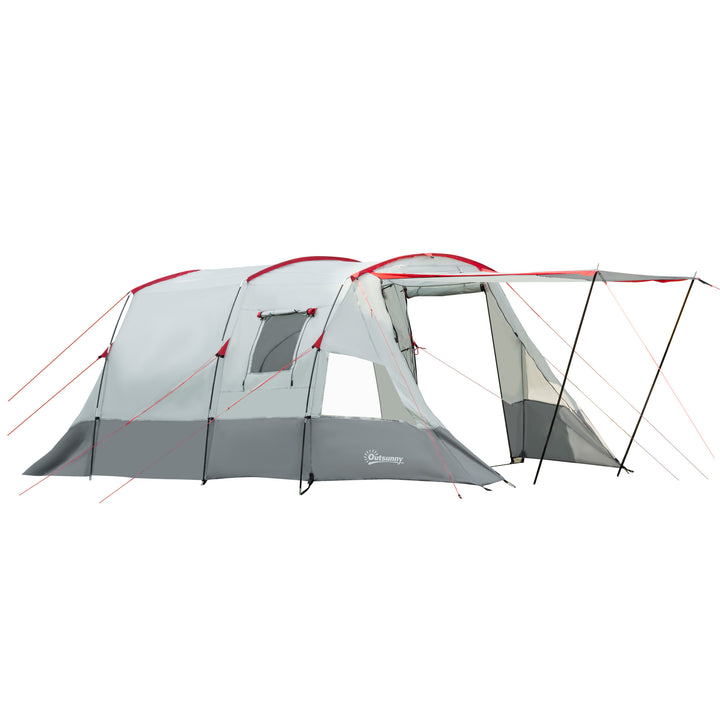 6-8 Person Tunnel Tent, Camping Tent with Bedroom, Living Room, Sewn-in Floor, 3 Doors and Carry Bag, 2000mm Water Column for Fishing, Grey