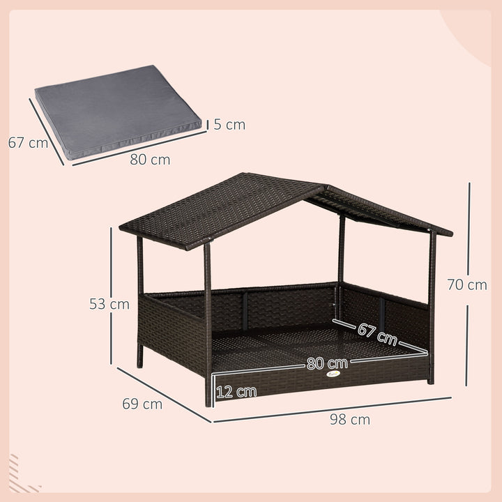 Wicker Dog House, Rattan Pet Bed with Soft Cushion, Canopy, Cat House with Anti-slip Pads, Grey, 98 x 69 x 73 cm