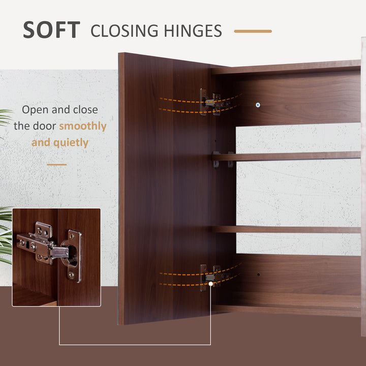Wall Mounted Glass Bathroom Mirror Cabinet Storage Shelf, 63Wx60Hx13.5T cm-Light Walnut