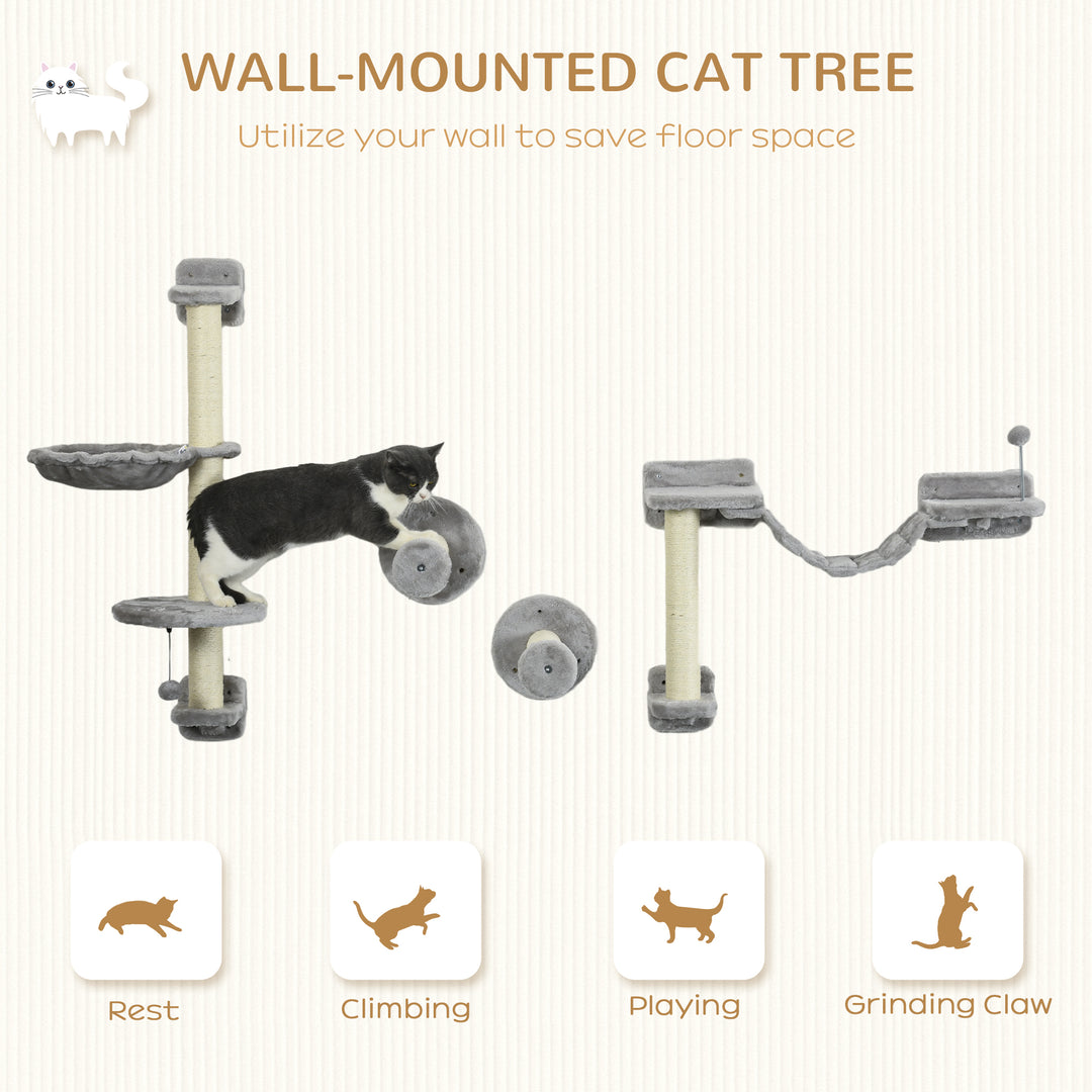 Four-Piece Cat Wall Furniture with Hammock, Perches, Ladder, Scratching Post, Grey