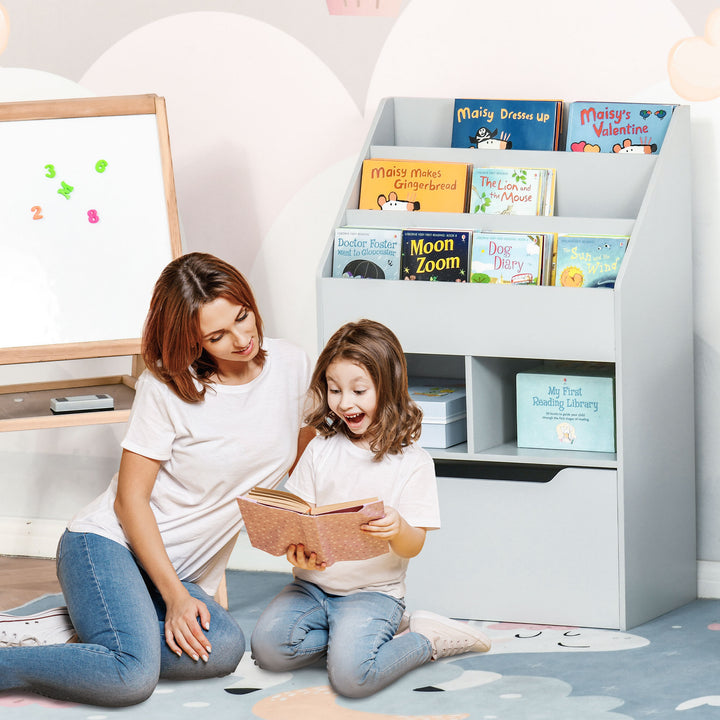 Kids Bookshelf with Storage Drawer, Children's Bookcase with Wheels, Toy Organiser for Bedroom, Playroom, Grey