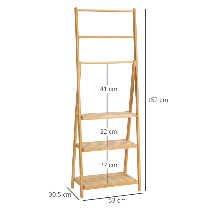 Natural Bamboo Towel Rack with 3 Towel Rails & 3 Storage Shelves for Bathroom