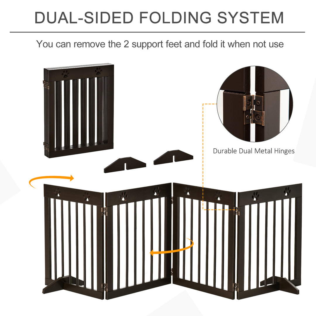 PawHut Freestanding Pet Gate 4 Panel Wooden Dog Barrier Folding Safety Fence with Support Feet up to 204cm Long 61cm Tall for Doorway Stairs Brown