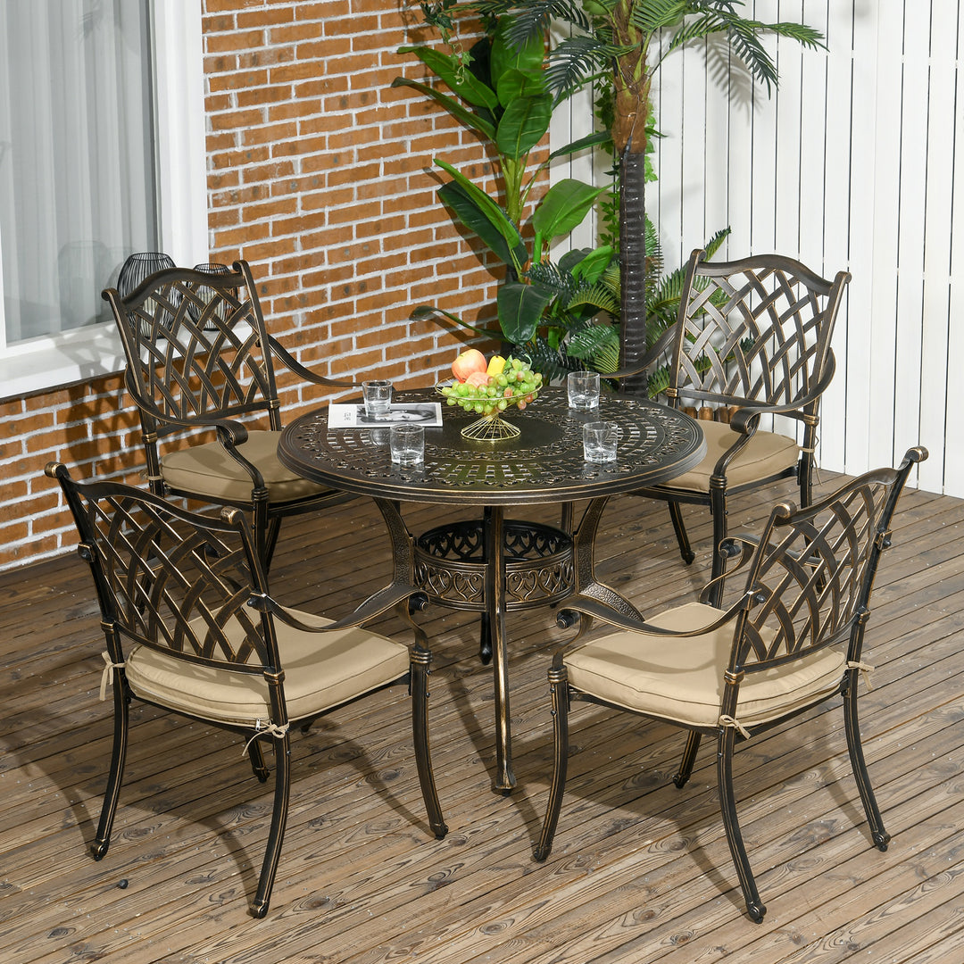 4 Seater Outdoor Dining Set Antique Cast Aluminium Garden Furniture Set with Cushions Round Dining Table with Parasol Hole, Bronze