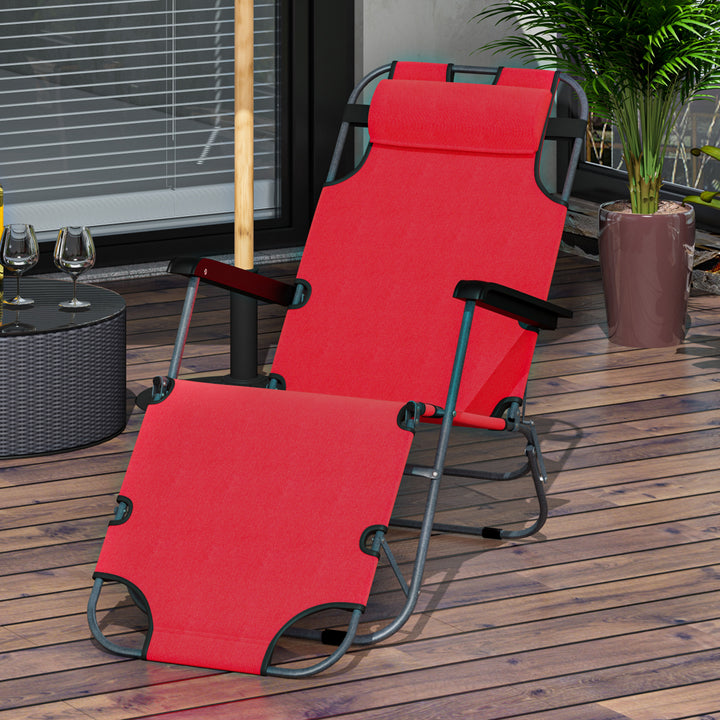 Outsunny 2 in 1 Sun Lounger Folding Reclining Chair Garden Outdoor Camping Adjustable Back with Pillow (Red)