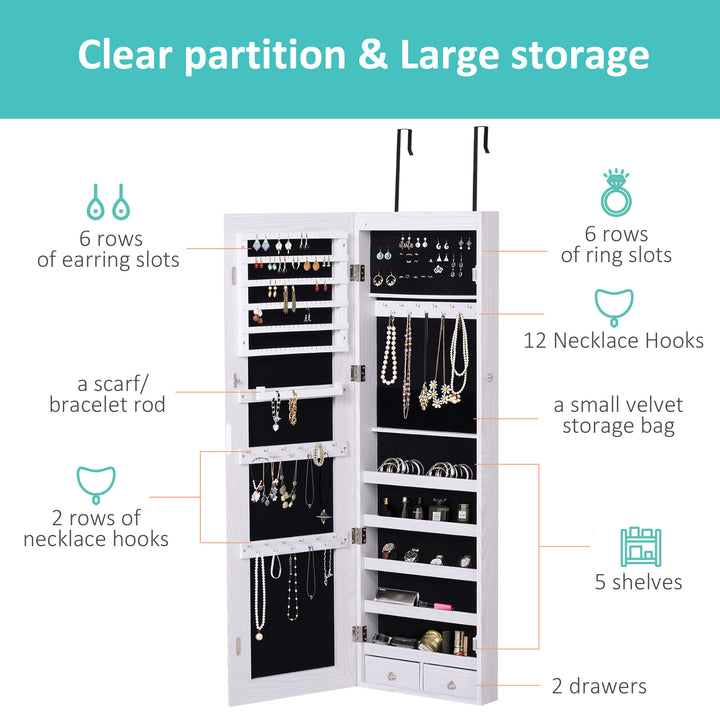 Mirrored Jewellery Storage Cabinet Door Mounted/Wall mounted Organiser Hanging Lockable w/ 6 Inner LED Lights White