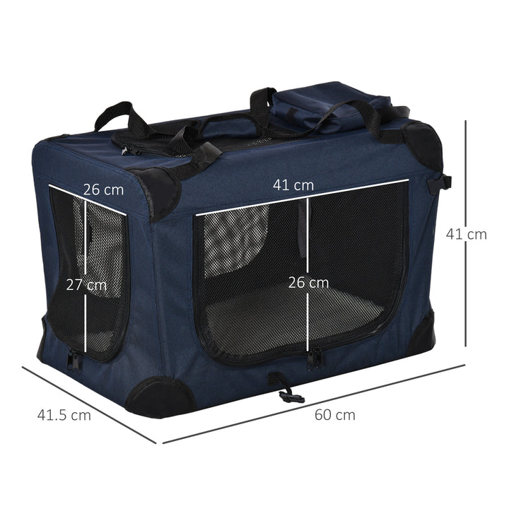 PawHut Pet Carrier Folding Dog Bag Portable Cat Carrier Soft Pet Crate w/ Cushion, 60 x 41.5 x 41 cm, Dark Blue