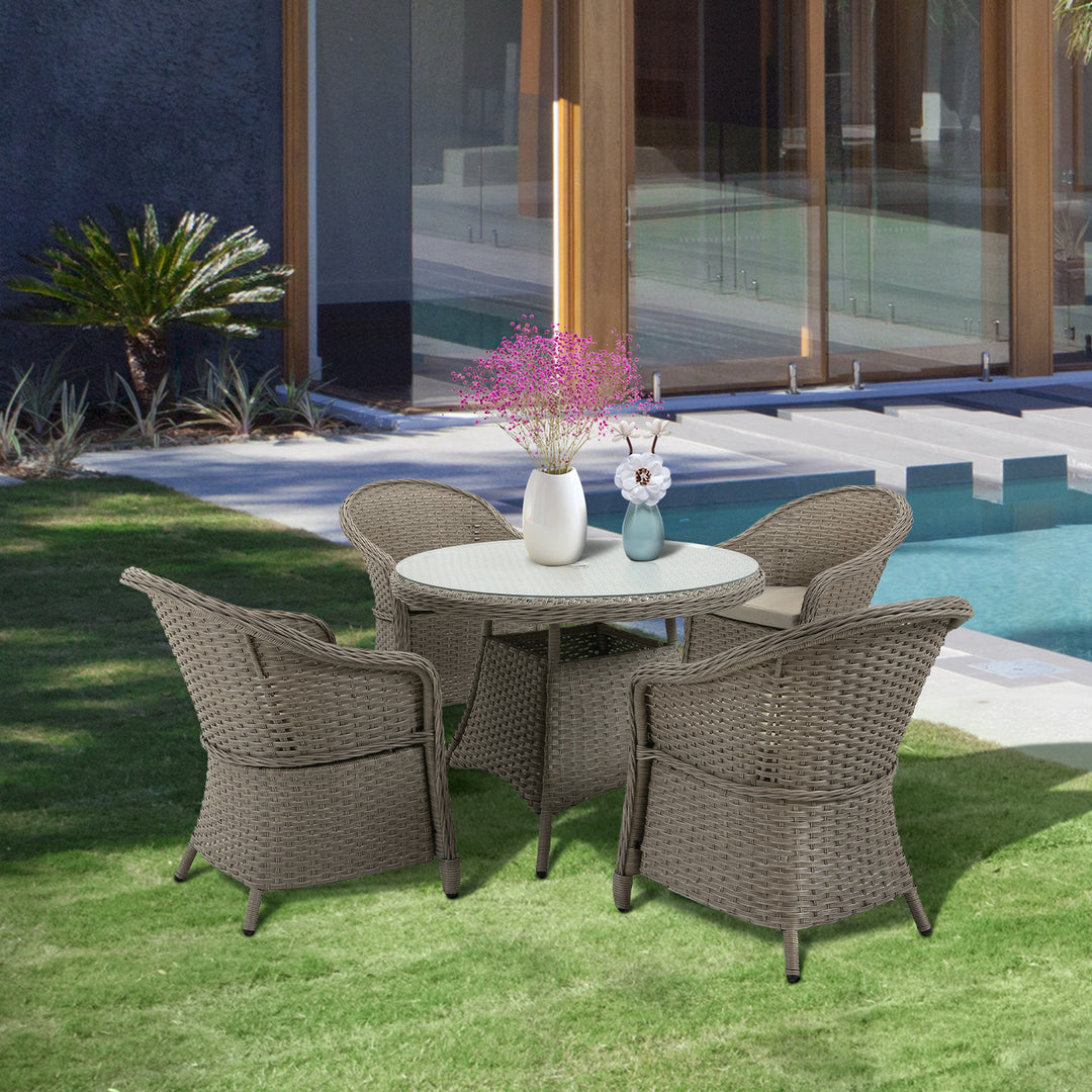 5 Pieces Outdoor Patio PE Rattan Dining Set, Four Seater Garden Furniture - 4 Chairs & Round Table w/ Umbrella Hole, Mixed Grey