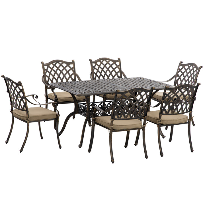 6-Seater Patio Dining Set with Umbrella Hole, Cast Aluminum Patio Furniture Set with Six Cushioned Chairs and Rectangle Dining Table, Bronze