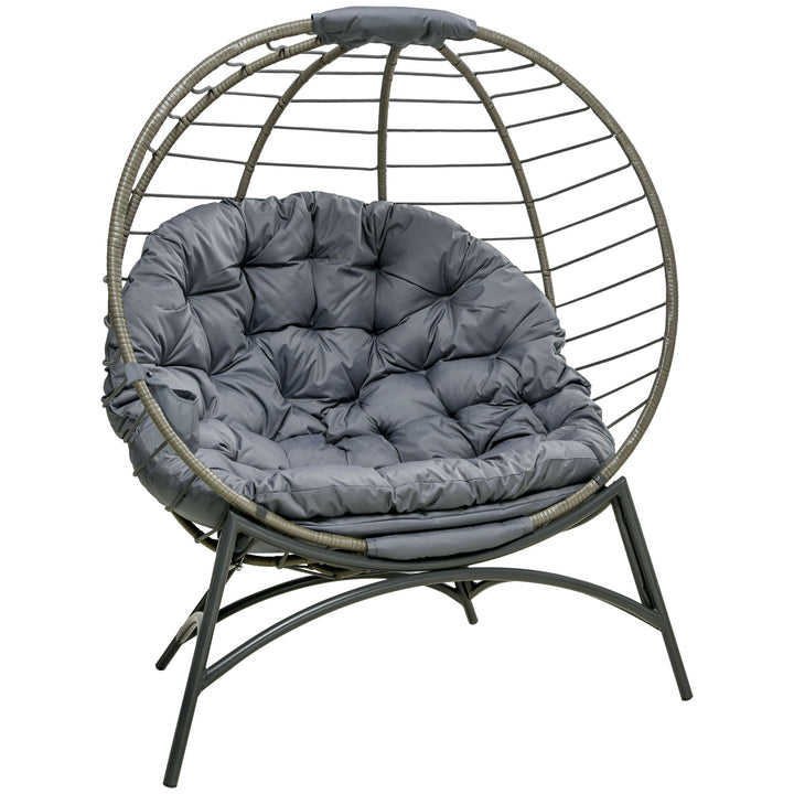 Folding Rattan Egg Chair, Freestanding Basket Chair with Cushion, Bottle Holder Bag for Outdoor or Indoor, Grey and Black