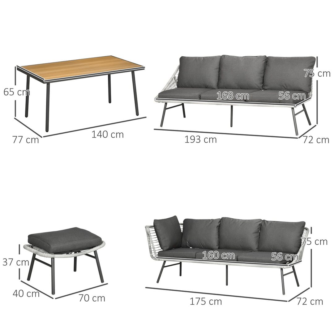 6 Seater Outdoor Rattan Garden Furniture Sets with Sofa, Footstool and Wood-Plastic Coffee Table, 193x72x75cm, Grey