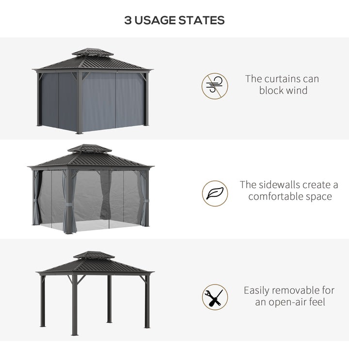 3.7 x 3(m) Outdoor Hardtop Gazebo Canopy Aluminum Frame with 2-Tier Roof &amp; Mesh Netting Sidewalls for Patio, Grey