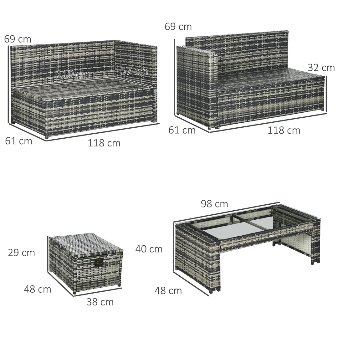 6 Piece Rattan Garden Furniture Set, 8-Seater Outdoor Sofa Sectional with 3 Cushioned Loveseat 2 Footstools Table, Grey