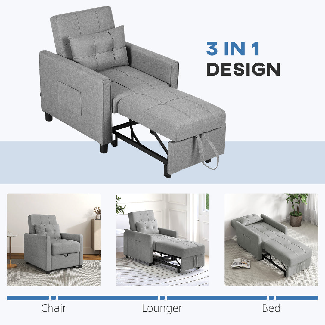 3-In-1 Convertible Chair Bed, Pull Out Sleeper Chair, Fold Out Bed with Adjustable Backrest, Side Pockets, Light Grey