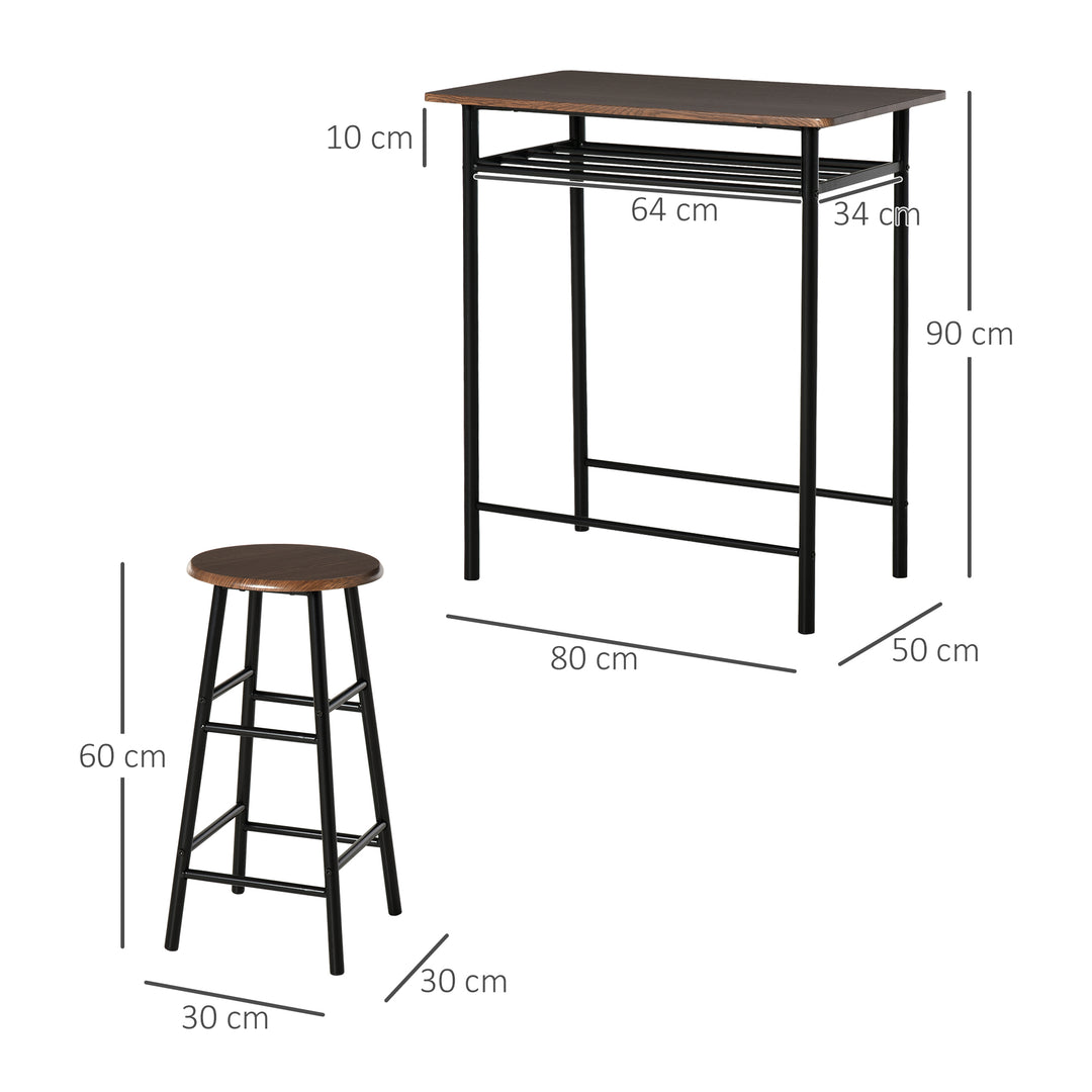 Bar Table Set, Bar Set-1 Bar Table and 2 Stools with Metal Frame Footrest and Storage Shelf, for Kitchen, Dining Room, Pub, Cafe, Black and Oak