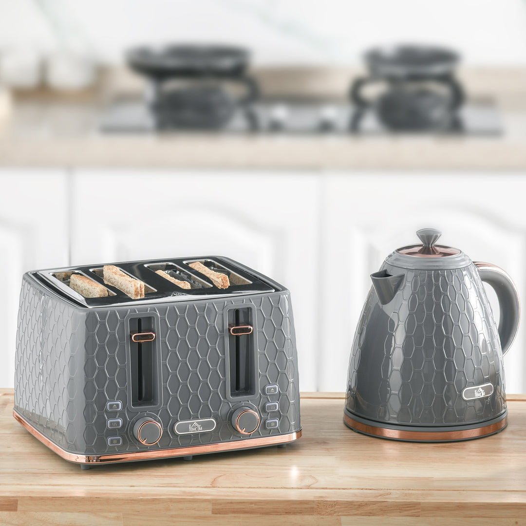 Fast Boil Kettle & 4 Slice Toaster Set, Kettle and Toaster with 7 Browning Controls, Crumb Tray, 1.7L 3000W - Grey