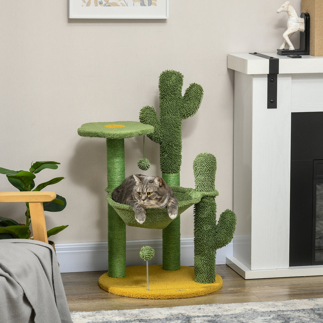 82cm Chenille Cactus Cat Tree with Scratching Post, Hammock, Green