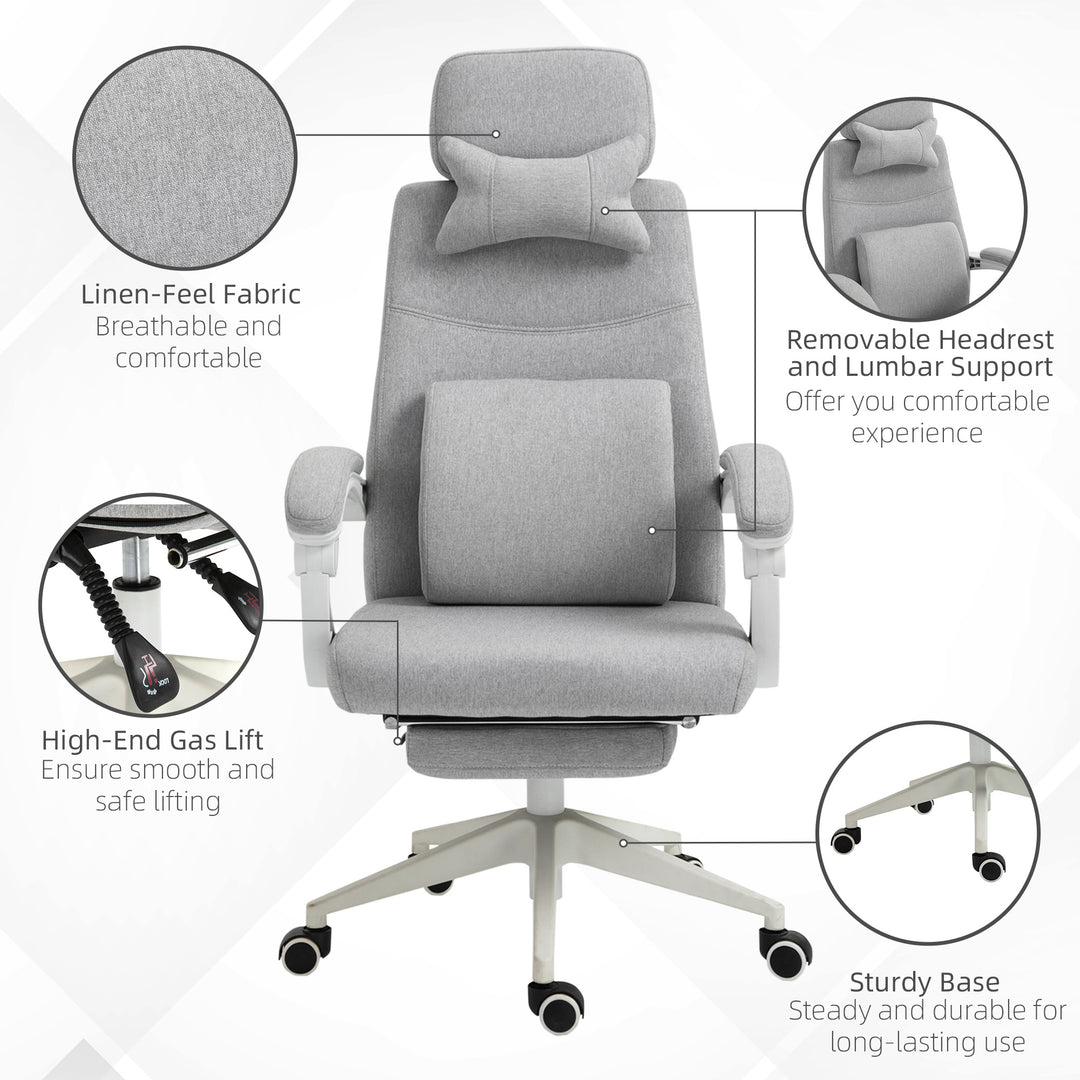 Vinsetto Home Office Chair w/ Manual Footrest Recliner Padded Modern Adjustable Swivel Seat w/ 2 Pillows Armrest Ergonomic Grey