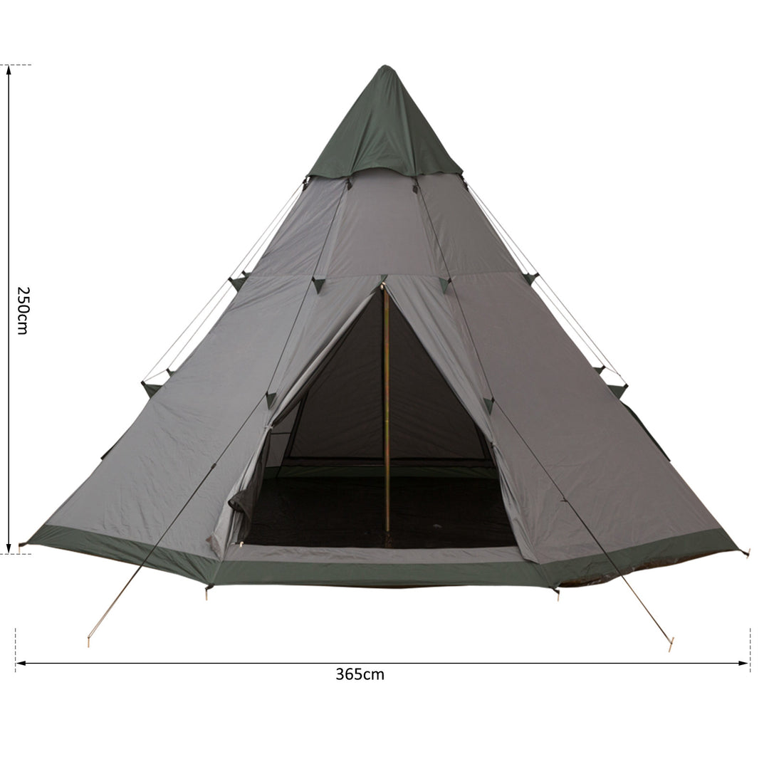 6 Men Tipi Tent, Camping Teepee Family Tent w/ Mesh Windows Zipped Door Carry Bag, Easy Set Up for Hiking Picnics Outdoor Night, Green, Grey