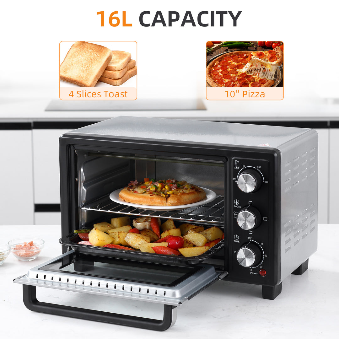 Convection Mini Oven, 16L Countertop Electric Grill, Toaster Oven with Adjustable Temperature, 60 Min Timer, Crumb Tray, Wire Rack, 1400W