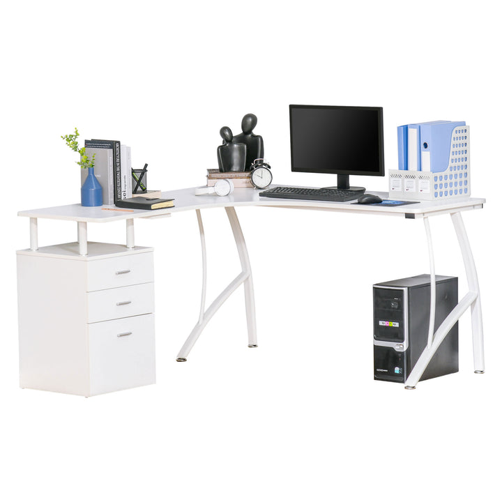 L-Shaped Computer Desk Table with Storage Drawer Home Office Corner Industrial Style Workstation, White