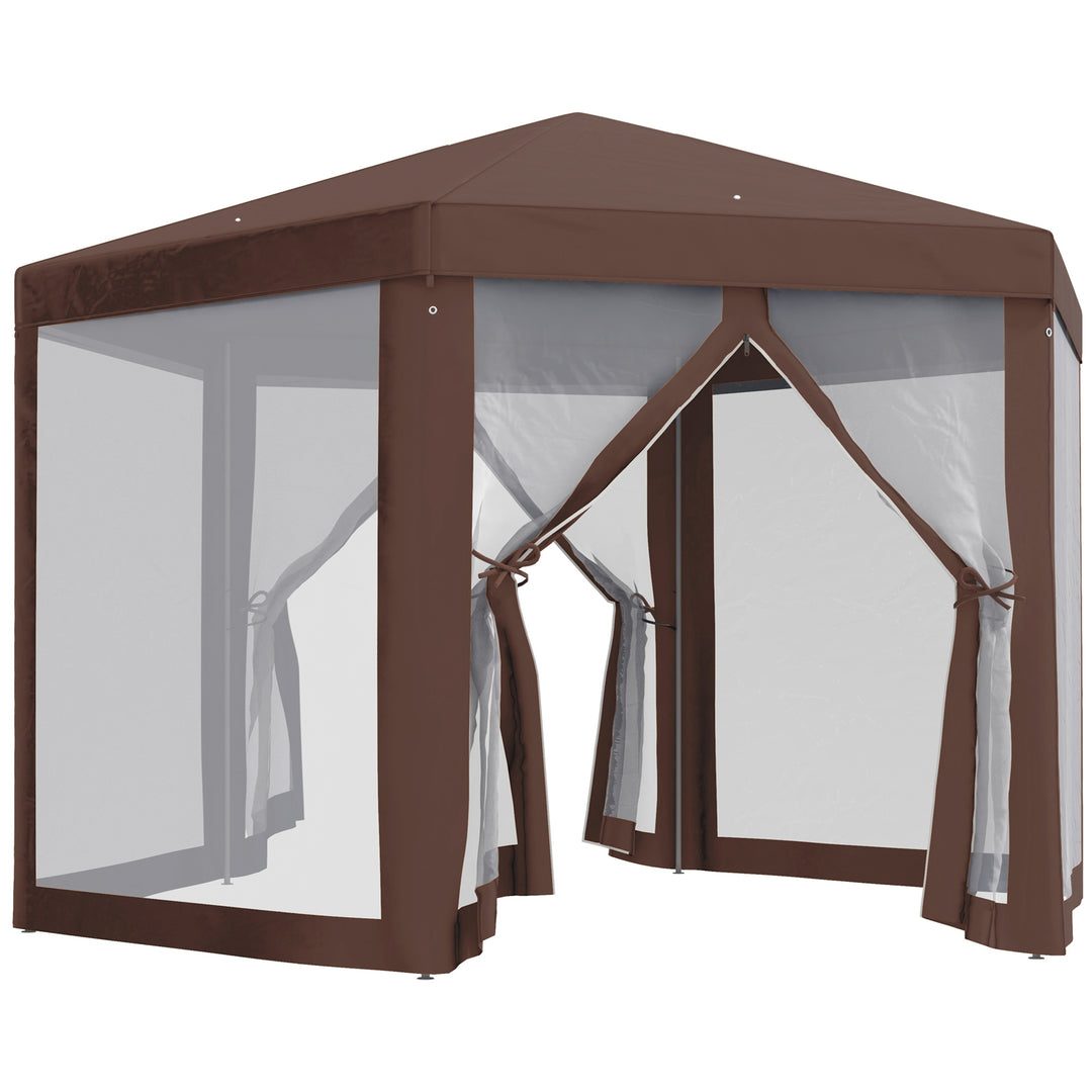 Hexagonal Garden Gazebo Patio Party Outdoor Canopy Tent Sun Shelter with Mosquito Netting and Zipped Door, Brown