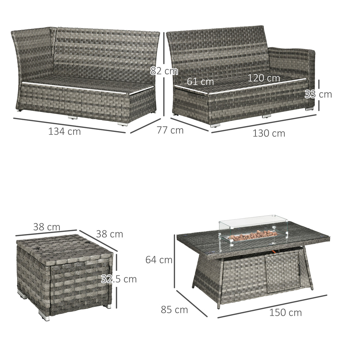 9-Seater PE Rattan Garden Furniture Set, 50,000 BTU Gas Fire Pit Table, Double Corner Sofa, 3 Footstools, Grey