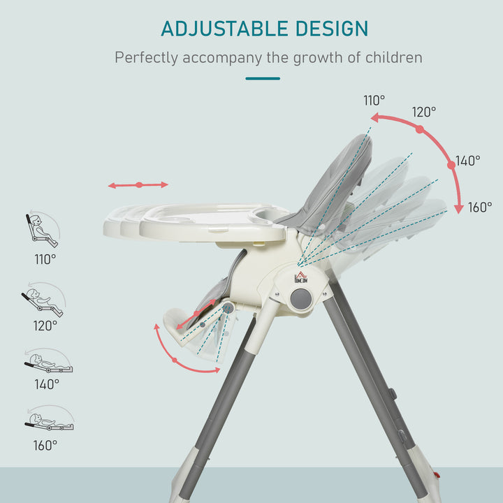 Foldable Baby High Chair Convertible to Toddler Chair Height Adjustable with Removable Tray 5-Point Harness Mobile with Wheels Grey