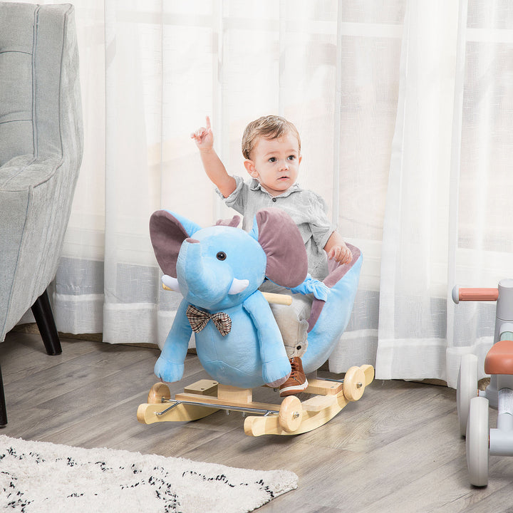 Plush Baby Ride on Rocking Horse Elephant Rocker with Wheels Wooden Toy for Kids 32 Songs (Blue)