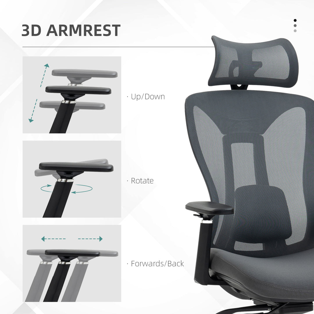 Vinsetto Mesh Office Chair, Reclining Desk Chair with Adjustable Headrest, Lumbar Support, 3D Armrest, Sliding Seat, Swivel Wheels, Grey