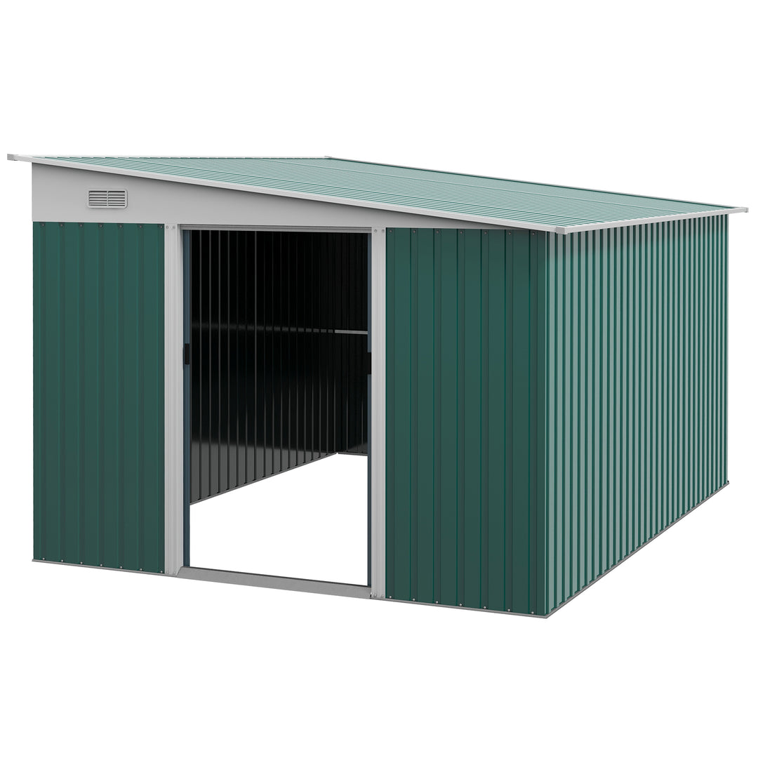 Garden Metal Storage Shed Tool House with Double Sliding Doors, 11.3x9.2ft, Green