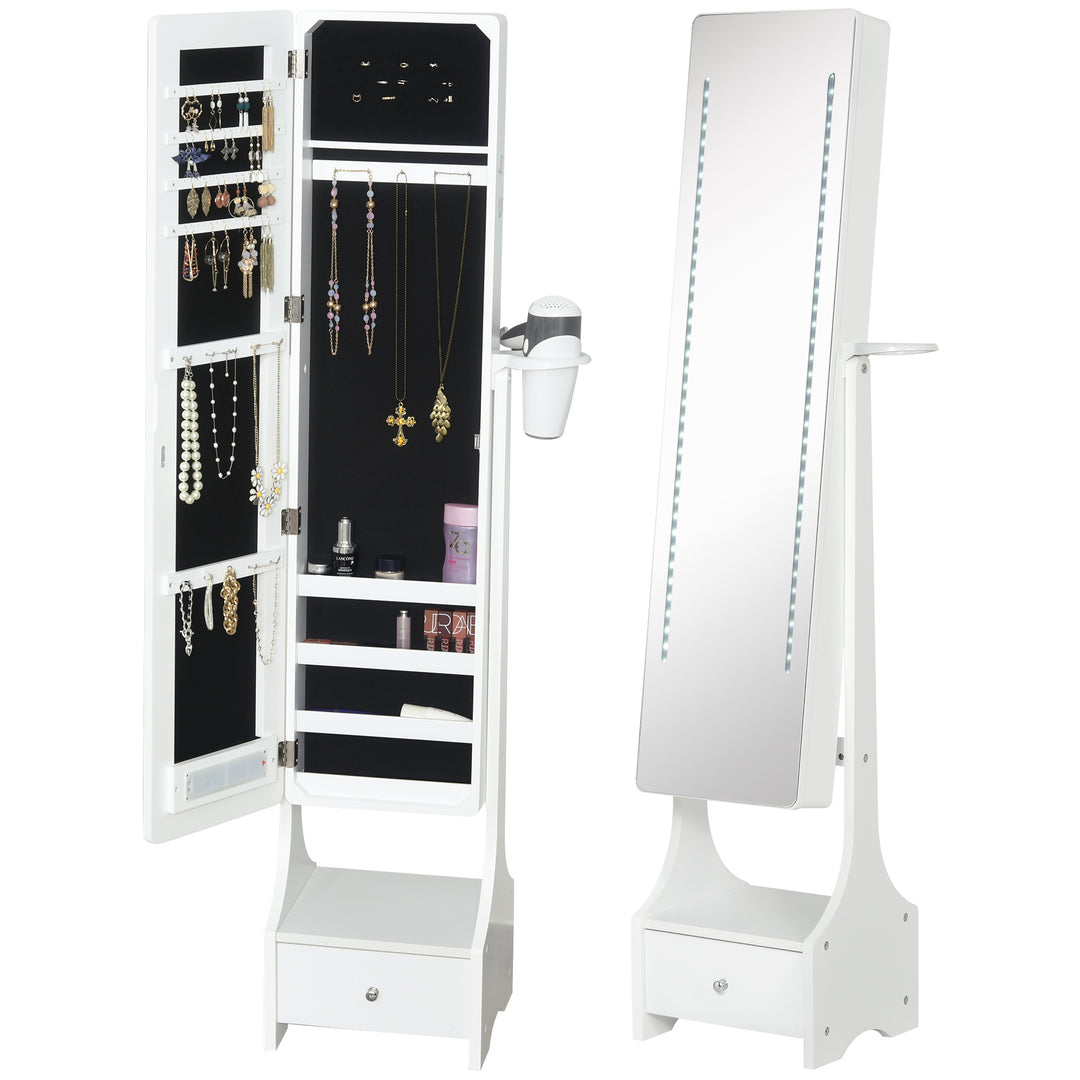 Freestanding Jewellery Cabinet Storage Mirror Armoire w/ LED Lights Hooks Drawer Hairdryer Holder Vanity Adjustable Bedroom Furnishing White