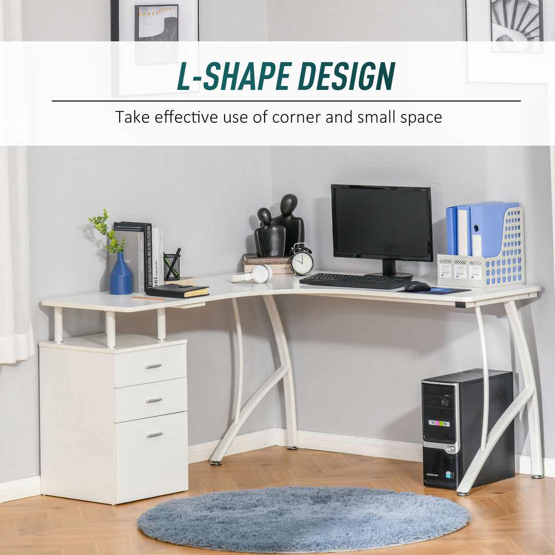 L-Shaped Computer Desk Table with Storage Drawer Home Office Corner Industrial Style Workstation, White