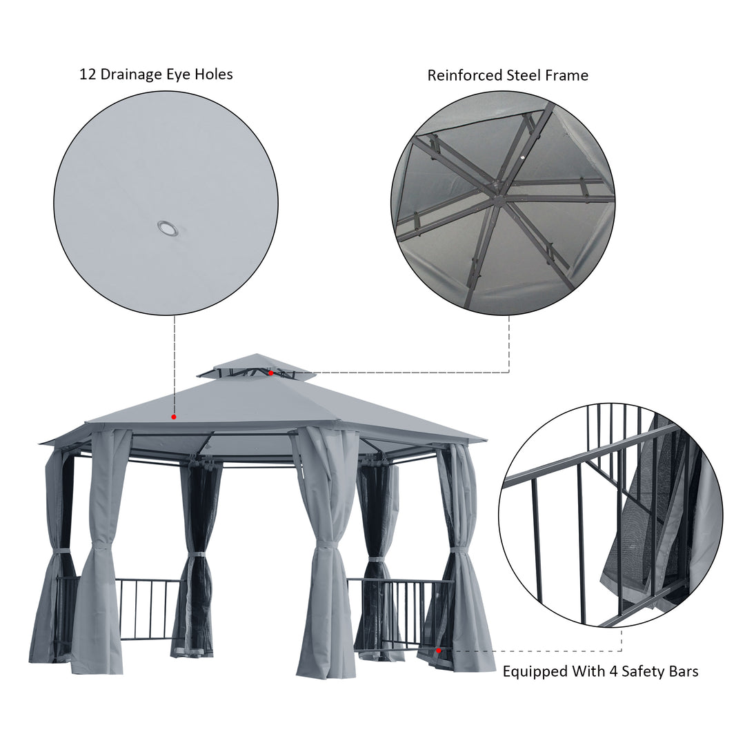 Outsunny Hexagon Gazebo Patio Canopy Party Tent Outdoor Garden Shelter w/ 2 Tier Roof & Side Panel - Grey