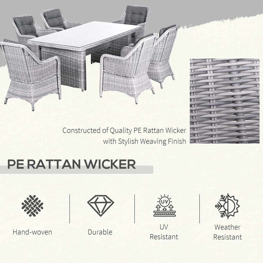 7 PCS Outdoor PE Rattan Dining Table Set, Patio Wicker Aluminium Chair Furniture w/ Tempered Glass Table Top, Grey