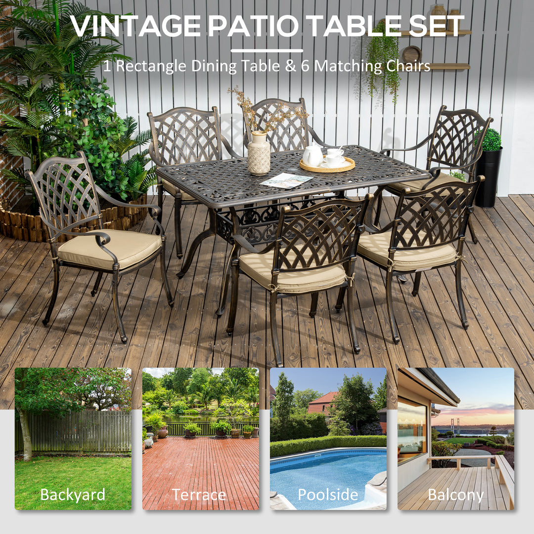 6-Seater Patio Dining Set with Umbrella Hole, Cast Aluminum Patio Furniture Set with Six Cushioned Chairs and Rectangle Dining Table, Bronze