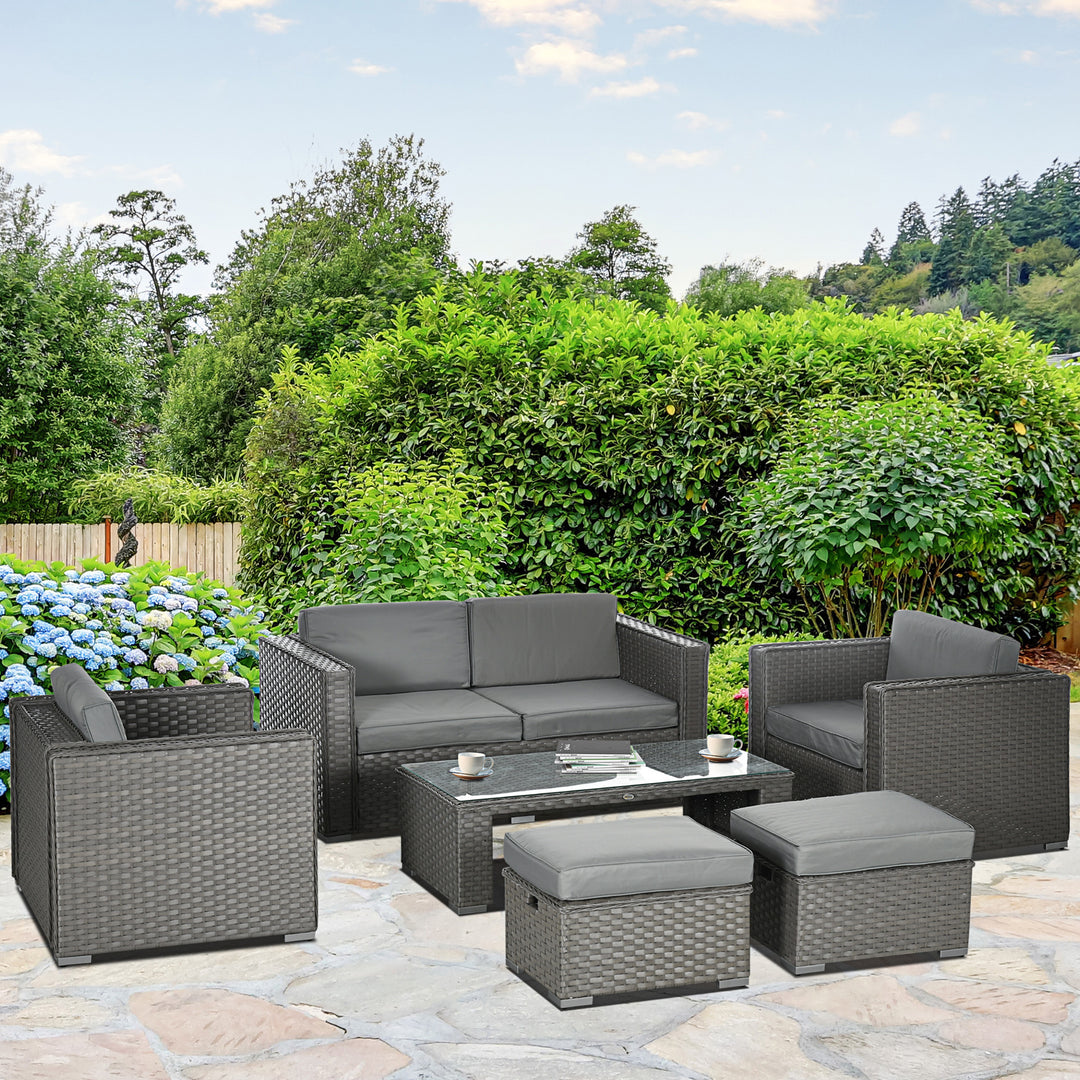 Outsunny 6PC Garden Rattan Sofa Set Outdoor Furniture Patio Table Loveseat Stool Lounging Ottoman Aluminium Frame Wicker Weave Conservatory Grey