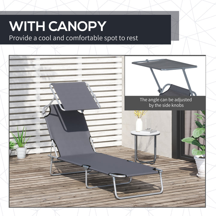 2 Pieces Outdoor Foldable Sun Lounger Set with Removeable Shade Canopy, Patio Recliner Sun Lounger with Adjustable Backrest with Mesh Fabric, Grey