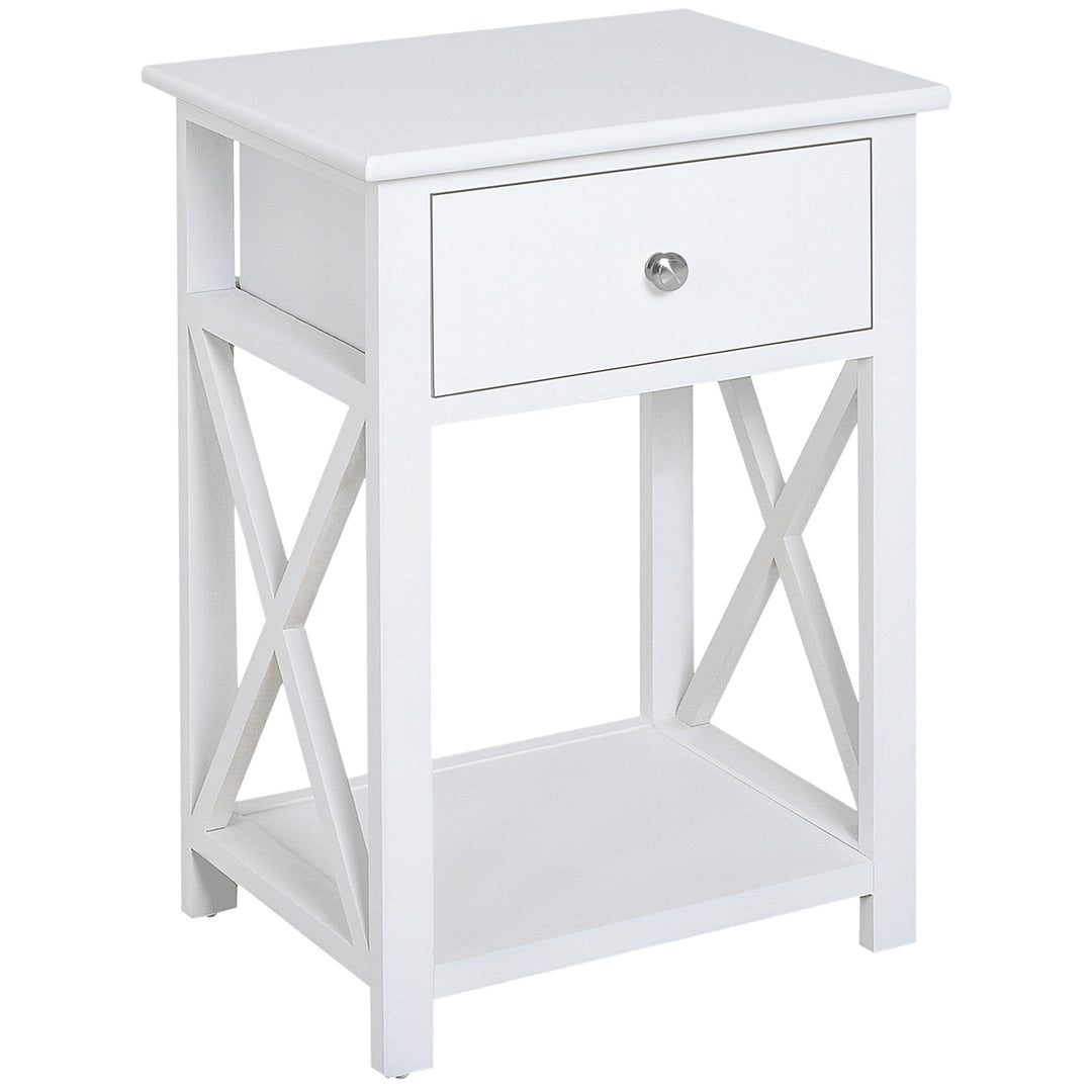 Traditional Accent End Table With 1 Drawer,X Bar Bottom Storage Shelf, for Living Room Bedroom Room 40L x 30W x 55H cm - White