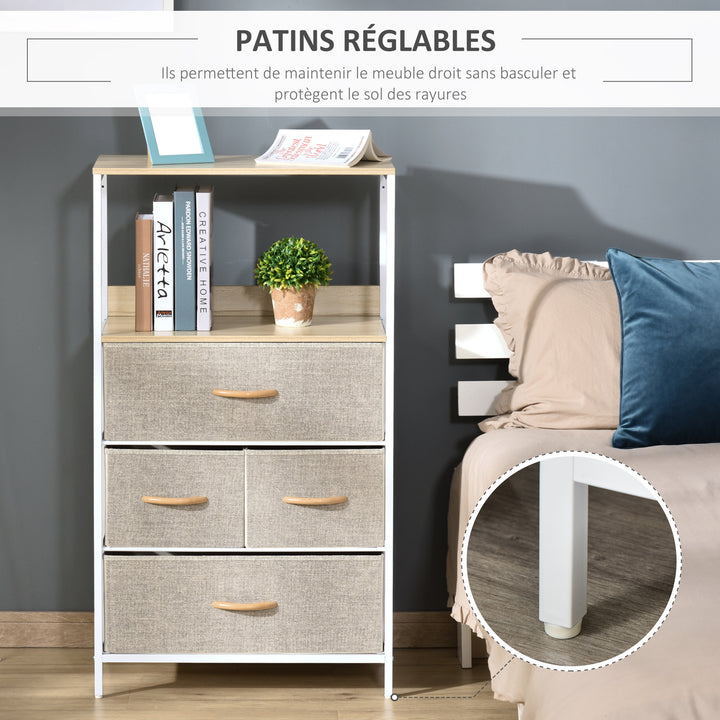 HOMCOM Chest of Drawers Bedroom Unit Storage Cabinet with 4 Fabric Bins for Living Room, Bedroom and Entryway, White
