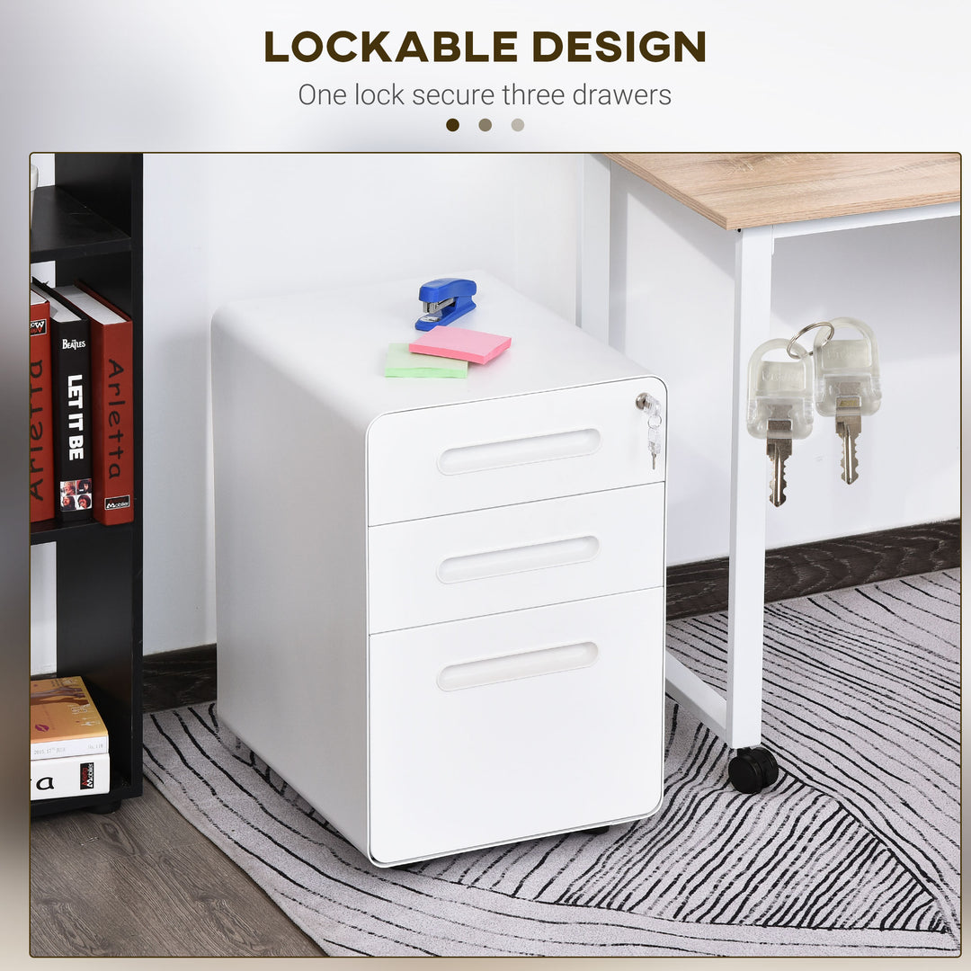 Fully Assembled 3-Drawer Mobile File Cabinet Lockable All-Metal Rolling Vertical File Cabinet White