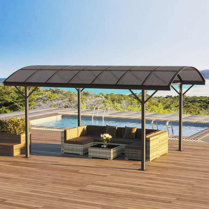 5 x 3(m) Hardtop Carport Aluminium Gazebo Pavilion Garden Shelter Pergola with Polycarbonate Roof, Brown