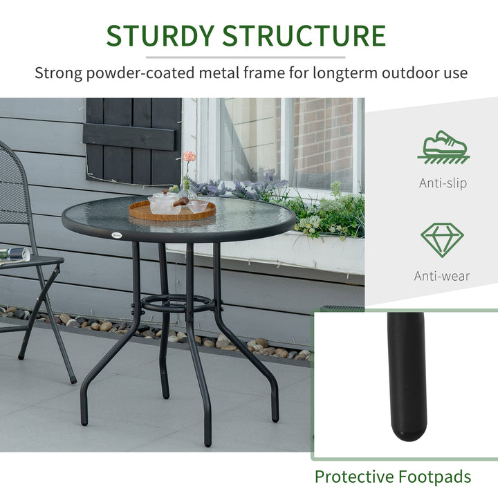 Outdoor Round Dining Table Tempered Glass Top Steel Garden Table w/ Parasol Hole 80cm