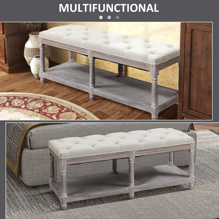 HOMCOM 2 Tier Shoe Rack Bench with Button Tufted Upholstered Cushion, Vintage Bed End Bench, Wooden Window Seat for Hallway, Living Room, Cream White