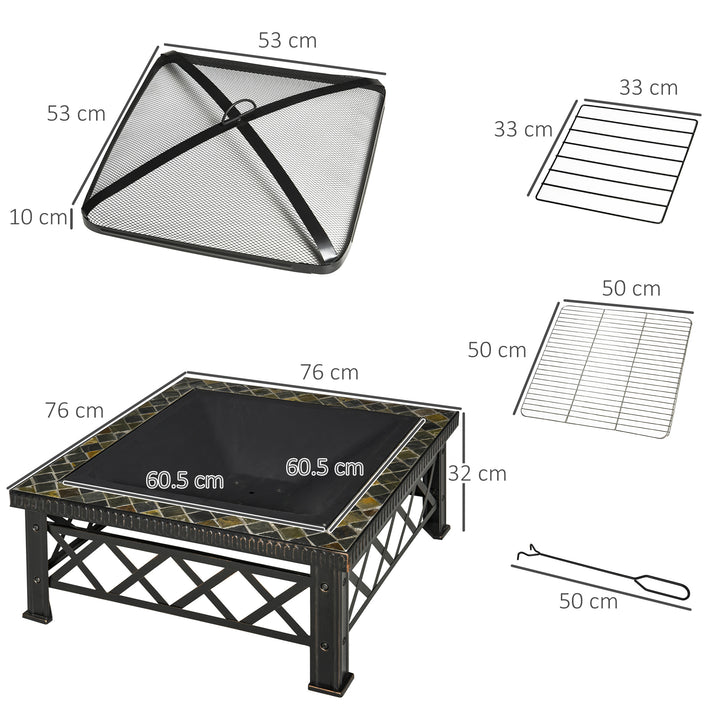 Outsunny 3 in 1 Square Fire Pit Square Table Metal Brazier for Garden, Patio with BBQ Grill Shelf, Spark Screen Cover, Grate, Poker, 76 x 76 x 47cm