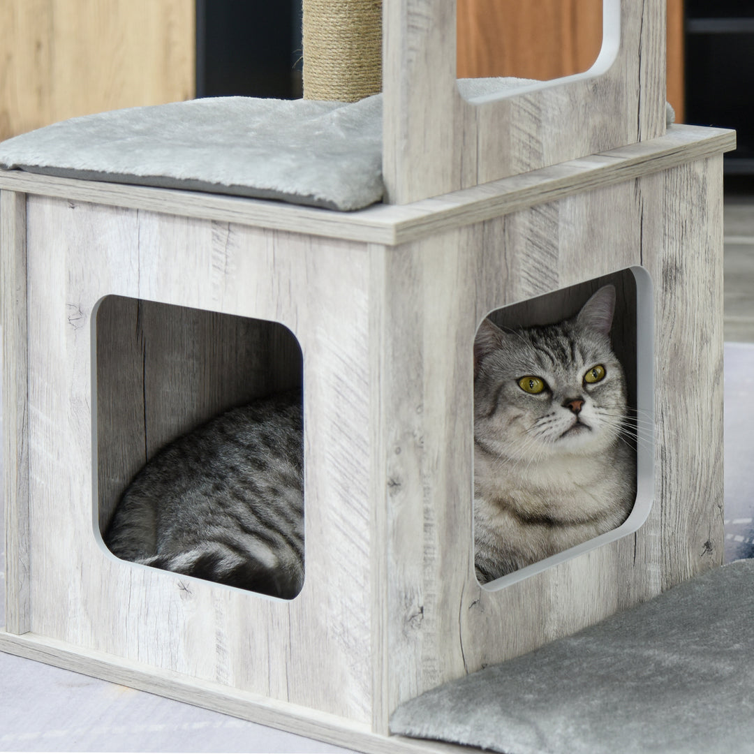 Cat Tree for Indoor Large Cats w/ Scratching Post, Cat Tower House- Grey