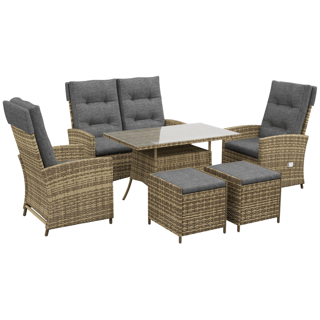 6 Pieces PE Rattan Dining Set, Patio Wicker Conversation Furniture, Tempered Glass Table-top Dining Table w/ Storage Layer, Mixed Grey