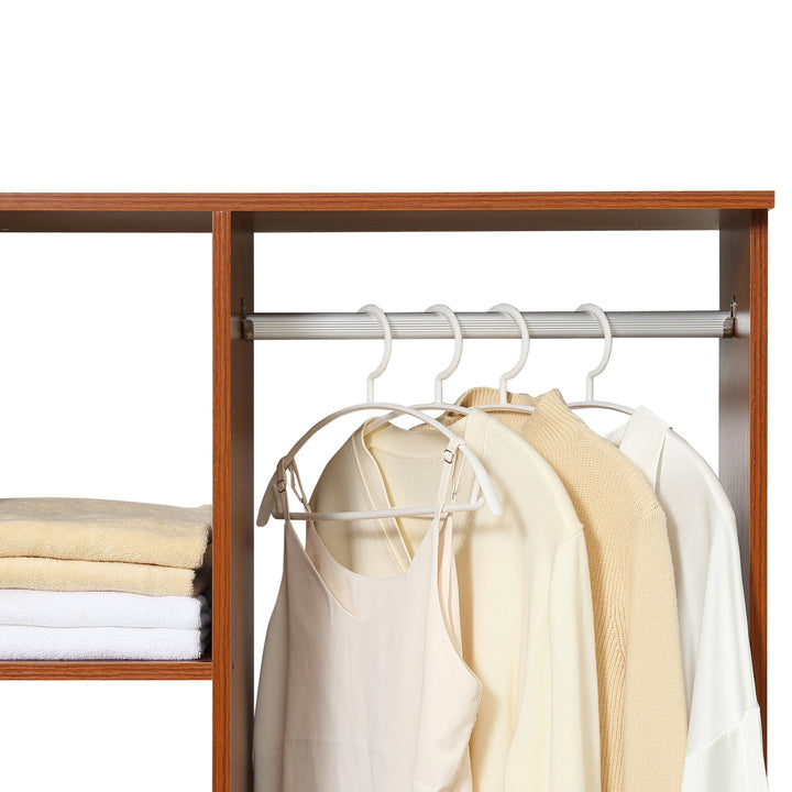 HOMCOM Open Wardrobe with Hanging Rail and Storage Shelves w/Wheels Bedroom-Walnut