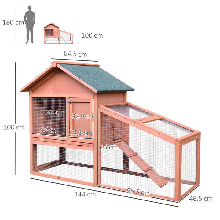 PawHut 2 Tier Rabbit Cage, Solid Wood Bunny House, Water Resistant Asphalt Roof Ramp Sliding tray 144 x 64.5 x 100 cm Red/Brown