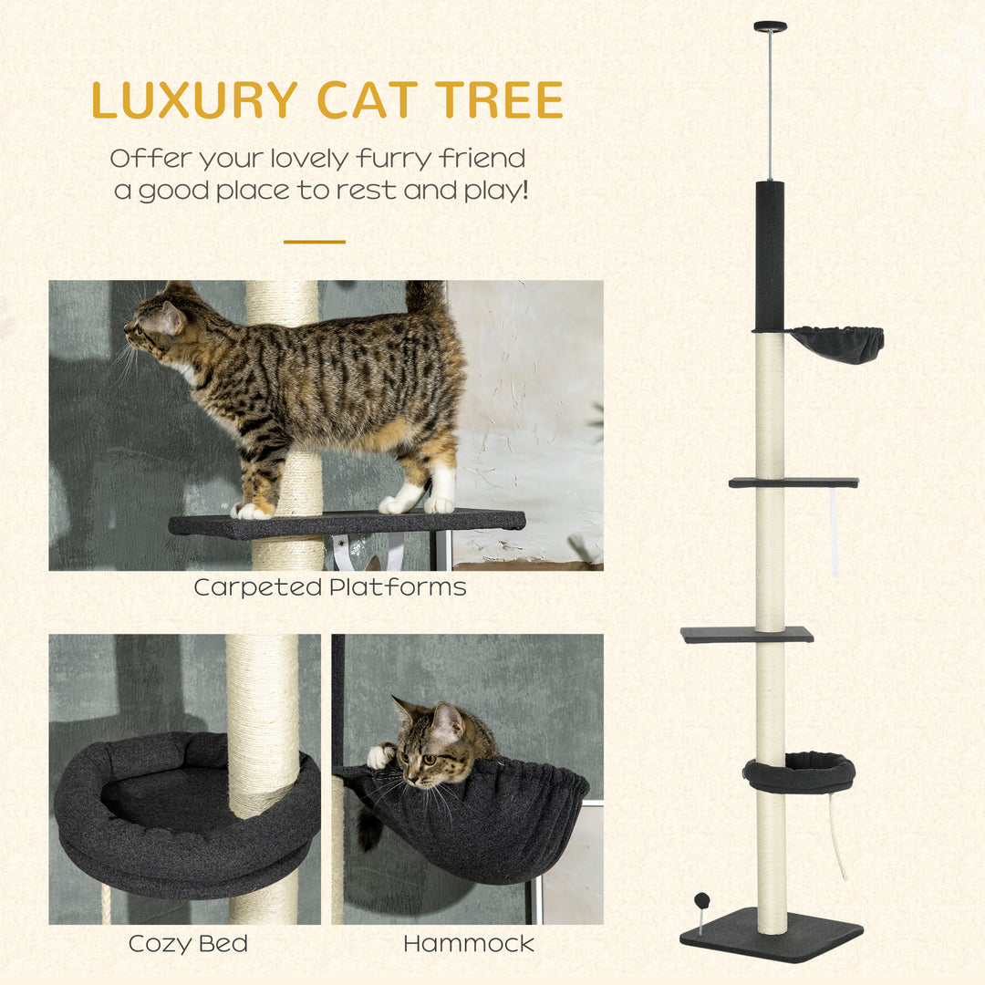 Floor To Ceiling Cat Tree, 5-Tier Height Adjustable Cat Climbing Tower with Scratching Post, Hammock, Bed for Indoor Cats, 240-270cm, Black